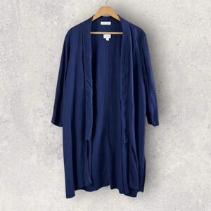 J.Jill 100% Linen Open Front Duster‎ Cardigan Sweater Navy Blue Pockets Size L